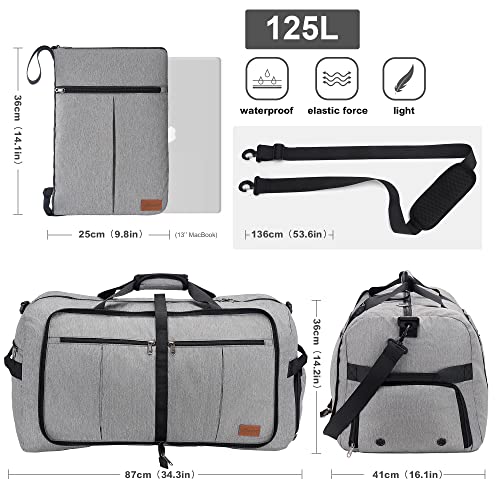 Upeelife Bolsa de Viaje Mujer Hombre, 125L Bolsa Deporte Grande Bolsa Viaje Plegable Impermeable con Compartimento para Zapatos y Bolsillo para Mojado Bolsa Macuto Viaje Bolsa Fitness Gym Gris