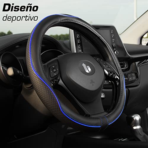 Upgrade4cars Funda Volante Coche Universal Negro Azul Poli Piel | 37-39 cm Diámetro Exterior | Accesorios Coches Interior Decoracion | Ideas Regalos