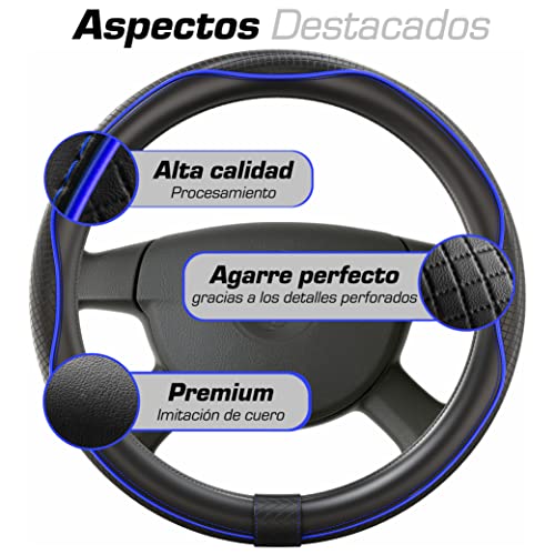 Upgrade4cars Funda Volante Coche Universal Negro Azul Poli Piel | 37-39 cm Diámetro Exterior | Accesorios Coches Interior Decoracion | Ideas Regalos