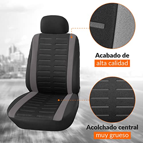 Upgrade4cars Fundas Asientos Delanteros Coche Universales Negro Gris | Protector de Asiento Delantero para Conductor y Copiloto | Accesorios Interior para Mujer y Hombre