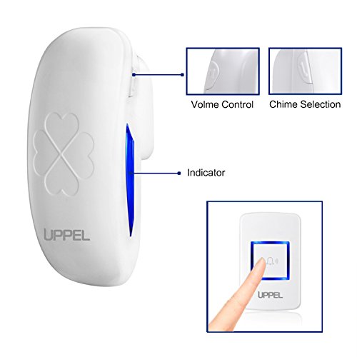 UPPEL Timbre Inalámbrico para Puerta Timbre Inalámbrico Exterior Impermeable de Ahorro de Energía Rango de Trabajo al Aire Libre 200-300m y Hay 36 Tipos de Música Usar para País de EU o USA (Blanco)