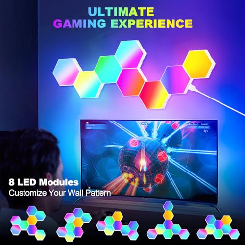 URAQT 8PCS Hexagonal LED Pared Luces, 16 Millones Colores Luces RGB Gaming Pared Inteligentes, Paneles LED Hexagonal con Smart Control y App Remoto para Gaming dormitorios Sala Fiesta Decoracion