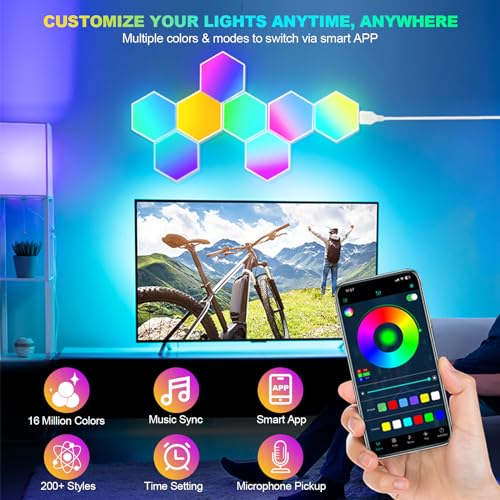 URAQT 8PCS Hexagonal LED Pared Luces, 16 Millones Colores Luces RGB Gaming Pared Inteligentes, Paneles LED Hexagonal con Smart Control y App Remoto para Gaming dormitorios Sala Fiesta Decoracion