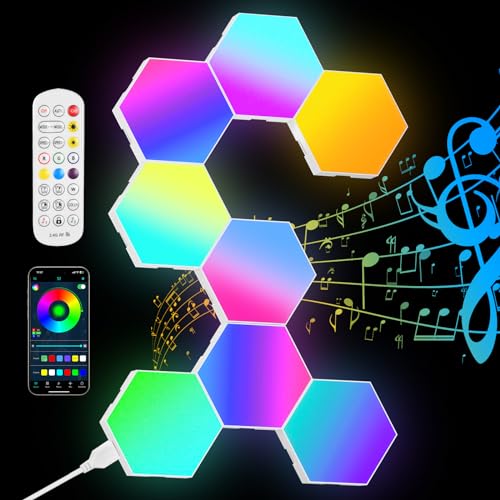 URAQT 8PCS Hexagonal LED Pared Luces, 16 Millones Colores Luces RGB Gaming Pared Inteligentes, Paneles LED Hexagonal con Smart Control y App Remoto para Gaming dormitorios Sala Fiesta Decoracion