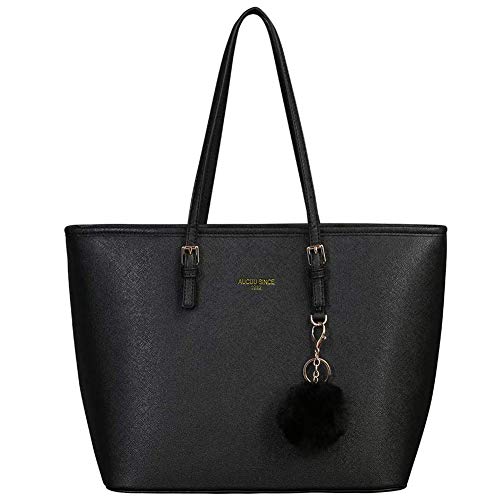 URAQT Bolsos de Mujer, Universidad Mujer, Grande para Portatil 15.6 Pulgadas, Tote Shopper, de Hombro, Cuero Impermeable Negro