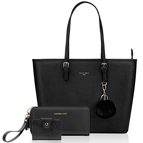 URAQT Bolsos Grandes de Mujer, Señoras Tote Hombro, para Universidad, para Portatil 15.6 Pulgadas, Viene con uno Monedero, Bolso Shopper Cuero, Negro, Impermeable, Ligero