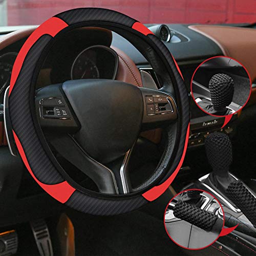 URAQT Cubierta de Volante de Cuero de Microfibra, Funda Volante Coche Universal y Antideslizante, Fundas Volante con Funda de Empuñadura de Cambio/Empuñadura del Freno