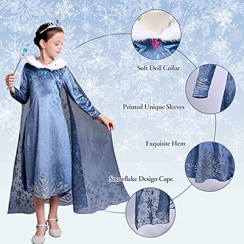 URAQT Disfraz Elsa, Vestido Princesa Elsa con Corona y Varita Magica, Disfraz Princesa Niña de Dibujos Animados Nieve, Disfraz Niña Halloween Cosplay Cumpleaños Carnaval Fiesta Navidad, 130cm