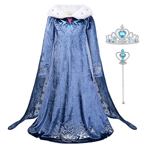 URAQT Disfraz Elsa, Vestido Princesa Elsa con Corona y Varita Magica, Disfraz Princesa Niña de Dibujos Animados Nieve, Disfraz Niña Halloween Cosplay Cumpleaños Carnaval Fiesta Navidad, 130cm