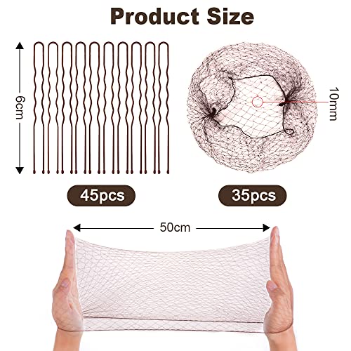 URAQT Redecilla Pelo, 35pcs Redecilla Moño Ballet Niña con Borde Elástico y 45pcs Hebillas, Red para el Cabello Invisible de Nylon Marrón, Accesorio de Peinado para Fijar Pelo en Cabeza de Ballet Café