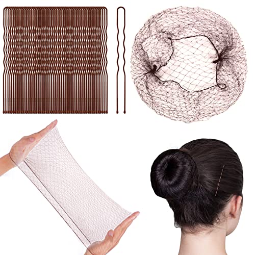 URAQT Redecilla Pelo, 35pcs Redecilla Moño Ballet Niña con Borde Elástico y 45pcs Hebillas, Red para el Cabello Invisible de Nylon Marrón, Accesorio de Peinado para Fijar Pelo en Cabeza de Ballet Café