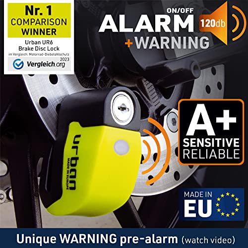 URBAN UR6 Candado Moto Disco Alarma Hi-Tech 120dB ON/OFF, Warning Sensibilidad A+, Remplazable, Pila CR2, Impermeable, Soporte Opcional, Cierre Click, Antirrobo Moto Universal Scooter Bici Eléctrica