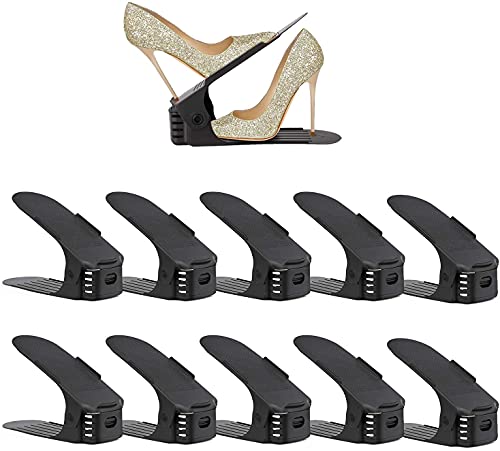 UrMsun Set de 10pcs de Organizadores Ajustables de Zapatos con Ranuras Soportes de Calzado Apilador para Zapatos Ahorro de Espacio (Negro)