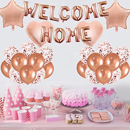 UYDF "WELCOME HOME" Letras Helio Globos Banner, Decoración de Oro Rosa Globos de Papel de Aluminio Pancarta Bienvenida a Casa para Niña Recién Nacida, Látex Globo Lentejuela para Deco Fiesta Familiar