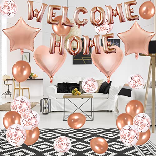 UYDF "WELCOME HOME" Letras Helio Globos Banner, Decoración de Oro Rosa Globos de Papel de Aluminio Pancarta Bienvenida a Casa para Niña Recién Nacida, Látex Globo Lentejuela para Deco Fiesta Familiar