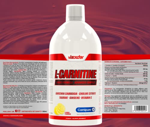 Vaexdar L Carnitina | Carnitina Liquida | L Carnitina Quemagrasas | Garcinia Cambogia + Taurina + Citrato de Colina + Ginseng + Vitamina C | Fatburner | Quemador de Grasa Potente | Sabor Limón | 500ml