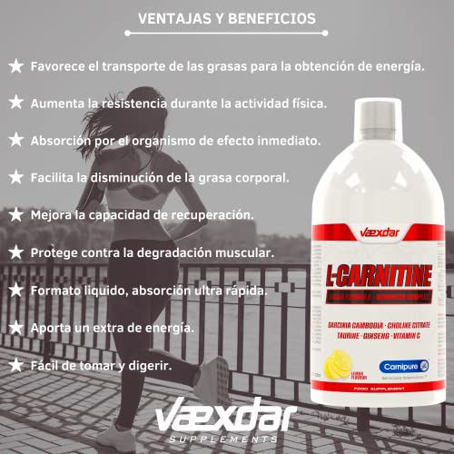 Vaexdar L Carnitina | Carnitina Liquida | L Carnitina Quemagrasas | Garcinia Cambogia + Taurina + Citrato de Colina + Ginseng + Vitamina C | Fatburner | Quemador de Grasa Potente | Sabor Limón | 500ml