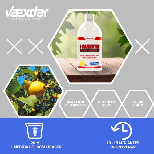 Vaexdar L Carnitina | Carnitina Liquida | L Carnitina Quemagrasas | Garcinia Cambogia + Taurina + Citrato de Colina + Ginseng + Vitamina C | Fatburner | Quemador de Grasa Potente | Sabor Limón | 500ml