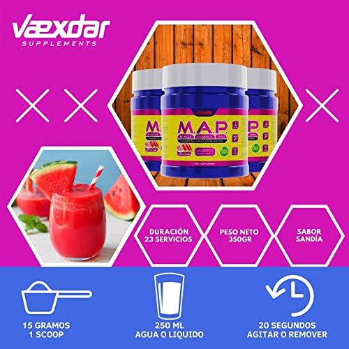 Vaexdar M.A.P. | Matriz de Aminoácidos Esenciales | Amino Vegan | Contiene 9 Aminoácidos Esenciales | Aumenta tu Rendimiento | Formula Instantánea | Rápida Absorción | Sabor Sandía | 350gr