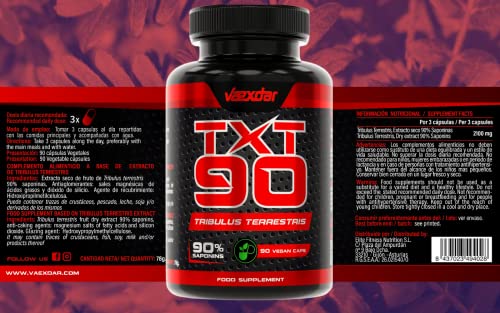 Vaexdar TXT90 Tribulus Terrestris | 2100 mg de Tribulus Terrestris con 90% Saponinas | Precursor de Testosterona | Aumenta la Masa Muscular | Mejora la Libido | 90 Cápsulas Vegetales