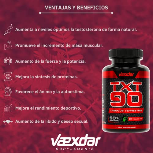 Vaexdar TXT90 Tribulus Terrestris | 2100 mg de Tribulus Terrestris con 90% Saponinas | Precursor de Testosterona | Aumenta la Masa Muscular | Mejora la Libido | 90 Cápsulas Vegetales