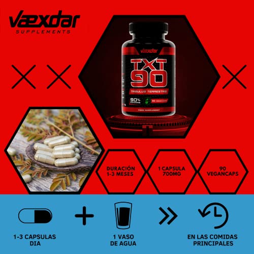 Vaexdar TXT90 Tribulus Terrestris | 2100 mg de Tribulus Terrestris con 90% Saponinas | Precursor de Testosterona | Aumenta la Masa Muscular | Mejora la Libido | 90 Cápsulas Vegetales