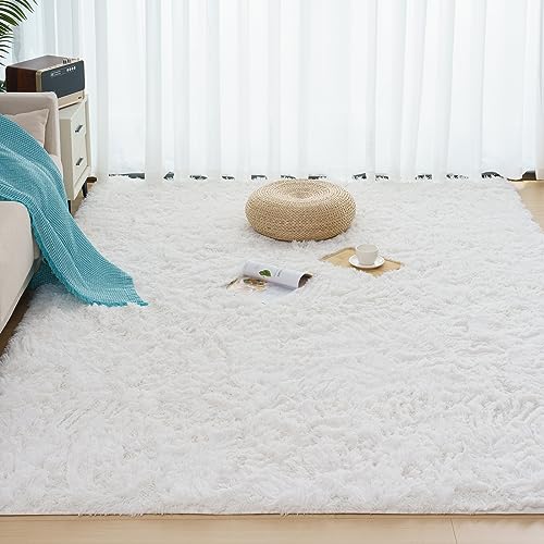 Vamcheer Alfombra de Pelo Largo - alfombras para Salón y Dormitorio,8mm Esponja Gruesa Alfombra área para habitacion,Lavables y Antideslizante, 120x170 Blanco Puro