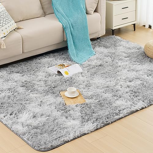 Vamcheer Alfombra de Pelo Largo - alfombras para Salón y Dormitorio,8mm Esponja Gruesa Alfombra área para habitacion,Lavables y Antideslizante, 120x170 Tie-Dye Gris Claro