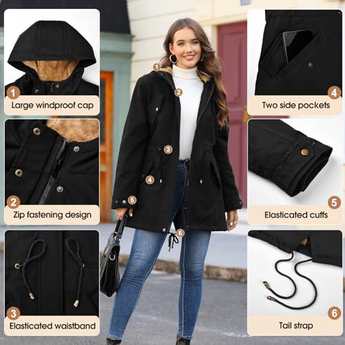 Vancavoo Abrigo de Mujer Parka Invierno Abrigos de Capucha Chaqueta Larga de Terciopelo ártico Térmica Capucha Cremallera Sudadera a Prueba de Viento Chaqueta con Bolsillo(Negro,L)