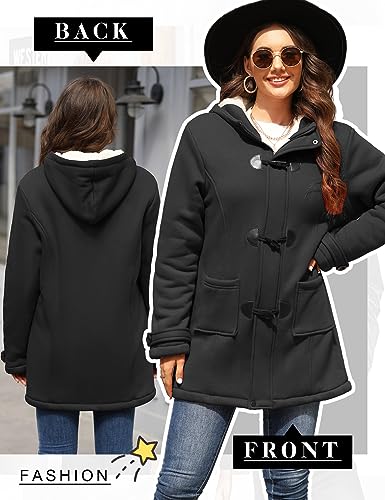 Vancavoo Largo Sudadera con Capucha para Mujer Abrigos con Botones Chaqueta de Lana Alpaca Slim Color sólido Casual Sudaderas con Cremallera Outwear Hoodie de Otoño Invierno(Negro,L)