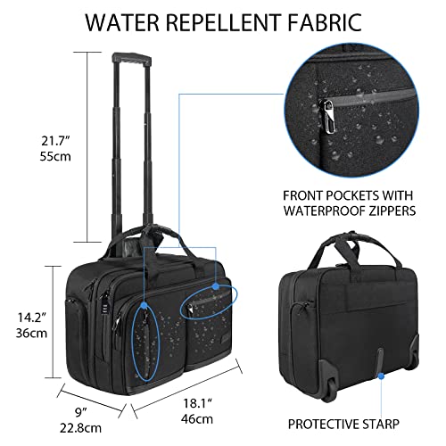 VANKEAN Bolsa de ordenador portátil con ruedas de 17.3 pulgadas para hombres, elegante maletín para portátil a prueba de agua con bolsillos RFID, escuela, color negro