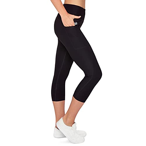 Variosports Sport Capri 3/4 con 2 Bolsillos Laterales para el teléfono móvil, Llaves, Tarjeta de crédito y Mallas de Deporte Co. patrón |Negro L