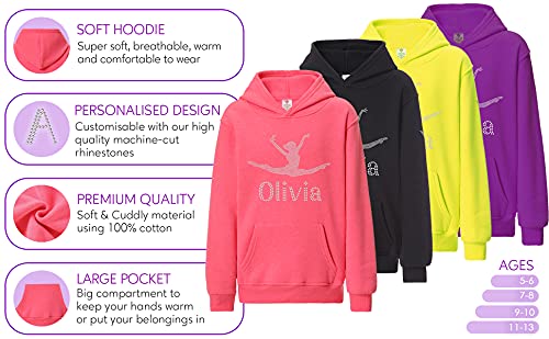 Varsany Sudadera con capucha para niñas, con brillantes, diseño de bailarina, personalizable, Infantil, Fuschia, 9-11 años