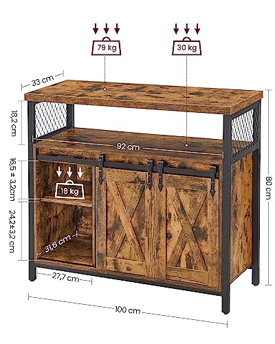 VASAGLE Aparador, Armario de Cocina, Armario de Almacenamiento, con 2 Puertas Correderas, 33 x 100 x 80 cm, Estantes Ajustables, Estilo Rústico, para Salón, Marrón Rústico y Negro LSC092B01