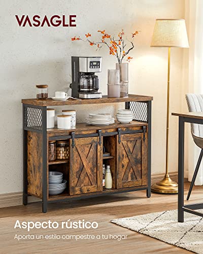 VASAGLE Aparador, Armario de Cocina, Armario de Almacenamiento, con 2 Puertas Correderas, 33 x 100 x 80 cm, Estantes Ajustables, Estilo Rústico, para Salón, Marrón Rústico y Negro LSC092B01