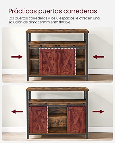 VASAGLE Aparador, Armario de Cocina, Armario de Almacenamiento, con 2 Puertas Correderas, 33 x 100 x 80 cm, Estantes Ajustables, Estilo Rústico, para Salón, Marrón Rústico y Negro LSC092B01