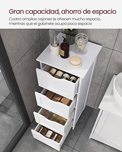 VASAGLE Armario de baño, de Almacenamiento, de Pie, con 4 cajones, 30 x 30 x 82 cm, Sala de Estar, Comedor, Cocina, Estilo Moderno, Blanco LHC40W