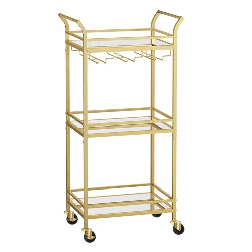 VASAGLE Carrito de 3 Niveles, Carro de Cocina Dorado, con Ruedas, con Pasamanos, Vidrio de Espejo, Carro para Espacios Pequeños, Cocina, Comedor, Baño, Salón, Bar, Dorado LRC091A62