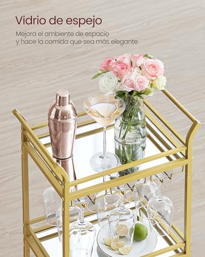 VASAGLE Carrito de 3 Niveles, Carro de Cocina Dorado, con Ruedas, con Pasamanos, Vidrio de Espejo, Carro para Espacios Pequeños, Cocina, Comedor, Baño, Salón, Bar, Dorado LRC091A62