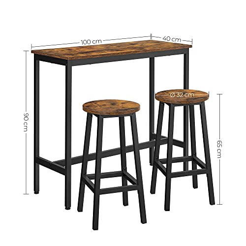 VASAGLE Conjunto de Mesa y Sillas, Mesa de Bar Cocina con Taburetes de Bar, 2 Unidades, Marco de Acero Industrial, Marrón Rústico y Negro LBT219B01