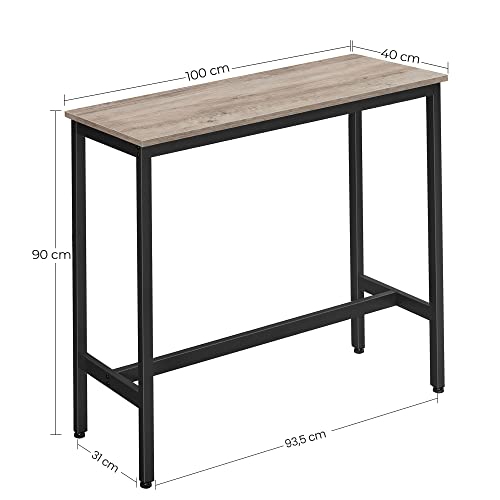 VASAGLE Mesa de Bar Rectangular Estrecha, Mesa de Cocina, Comedor de Pub, Marco de Acero, 100 x 40 x 90 cm, fácil Montaje, Industrial, Gris y Negro LBT010B02