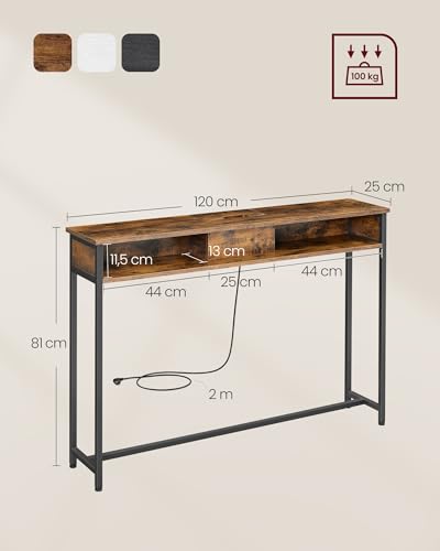 VASAGLE Mesa de Consola Delgada con Multienchufe, Mesa de sofá con 2 Compartimentos, Carga Oculta, Ahorro de Espacio, 25 x 120 x 81 cm, Entrada, Salón, Marrón Rústico y Negro Tinta LNT111K01