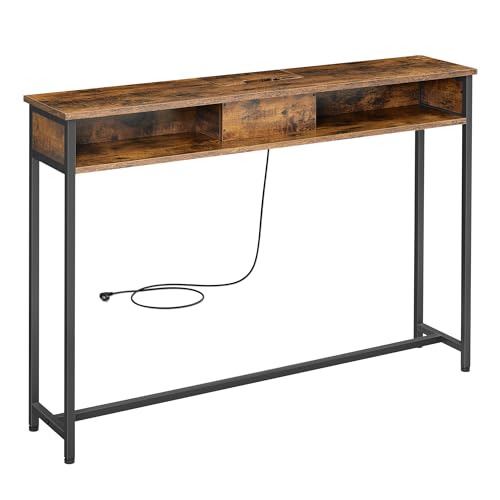 VASAGLE Mesa de Consola Delgada con Multienchufe, Mesa de sofá con 2 Compartimentos, Carga Oculta, Ahorro de Espacio, 25 x 120 x 81 cm, Entrada, Salón, Marrón Rústico y Negro Tinta LNT111K01