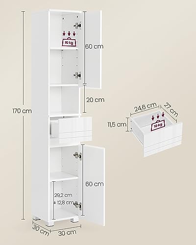 VASAGLE Mueble de Baño, Armario de Baño, Unidad de Almacenamiento de Baño, con un Cajón, Estantería, Compartimientos, Estantes Regulables, 30 x 30 x 170 cm, Blanco BBC560P31