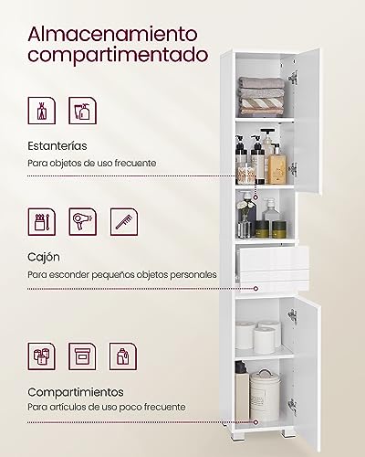 VASAGLE Mueble de Baño, Armario de Baño, Unidad de Almacenamiento de Baño, con un Cajón, Estantería, Compartimientos, Estantes Regulables, 30 x 30 x 170 cm, Blanco BBC560P31