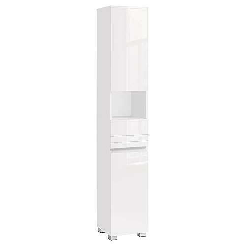 VASAGLE Mueble de Baño, Armario de Baño, Unidad de Almacenamiento de Baño, con un Cajón, Estantería, Compartimientos, Estantes Regulables, 30 x 30 x 170 cm, Blanco BBC560P31