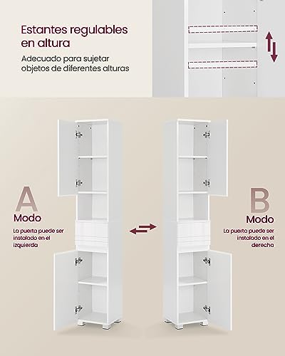 VASAGLE Mueble de Baño, Armario de Baño, Unidad de Almacenamiento de Baño, con un Cajón, Estantería, Compartimientos, Estantes Regulables, 30 x 30 x 170 cm, Blanco BBC560P31