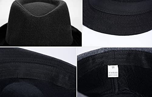 VASANA Sombrero de Fedora de mezcla de lana negra clásica de moda sombrero de ala ancha de iglesia plana Derby Cap Jazz caballeros sombrero plano Panamá sombrero para hombres mujeres, Negro, L