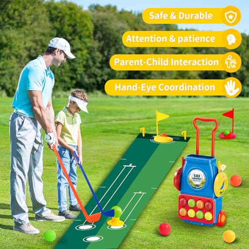 VATOS Juego de juguetes de golf para niños, maletín de golf para niños, juego de juego, juguete deportivo, regalo con 4 palos de golf de colores, 6 pelotas, 2 agujeros de práctica, juguetes para