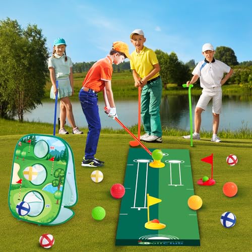 VATOS Juego de juguetes de golf para niños, maletín de golf para niños, juego de juego, juguete deportivo, regalo con 4 palos de golf de colores, 6 pelotas, 2 agujeros de práctica, juguetes para